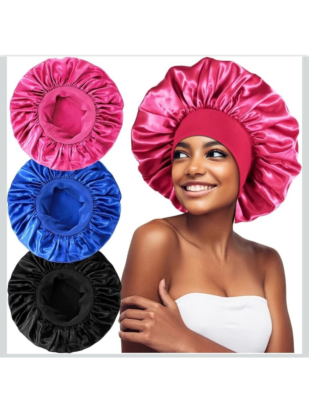 3 Sets of 3pcs Extra Large Satin Sleep Bonnets - Blue, Pink, Black - 15" Diam